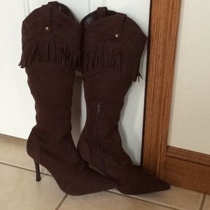 Brown Microfiber knee boot w/Fringe & 3 3/4" Heel